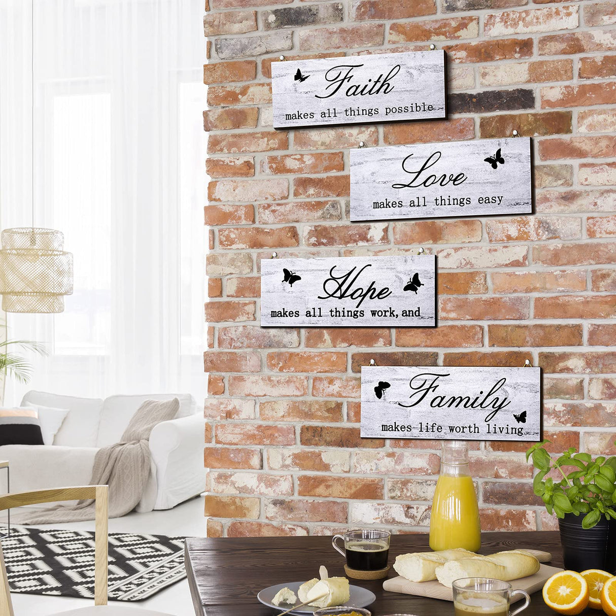 4 Pieces Faith Love Hope Family Wood Sign Farmhouse Wooden Family Sign with Quotes Faith Love Hope Family Home Sign Plaque Rustic Wooden Home Wall Sign for Front Porch Door Wall, 10 x 4 Inch (White) Jetec