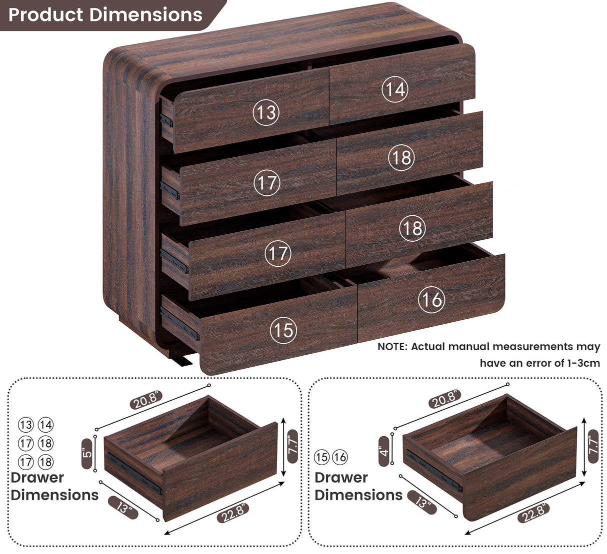 Standifurno Modern 8 Drawer Dresser, 47- Inch Wood Chest of Drawers with Large Storage, Walnut Dresser Closet for Bedroom, Living Room, Nursery. Standifurno