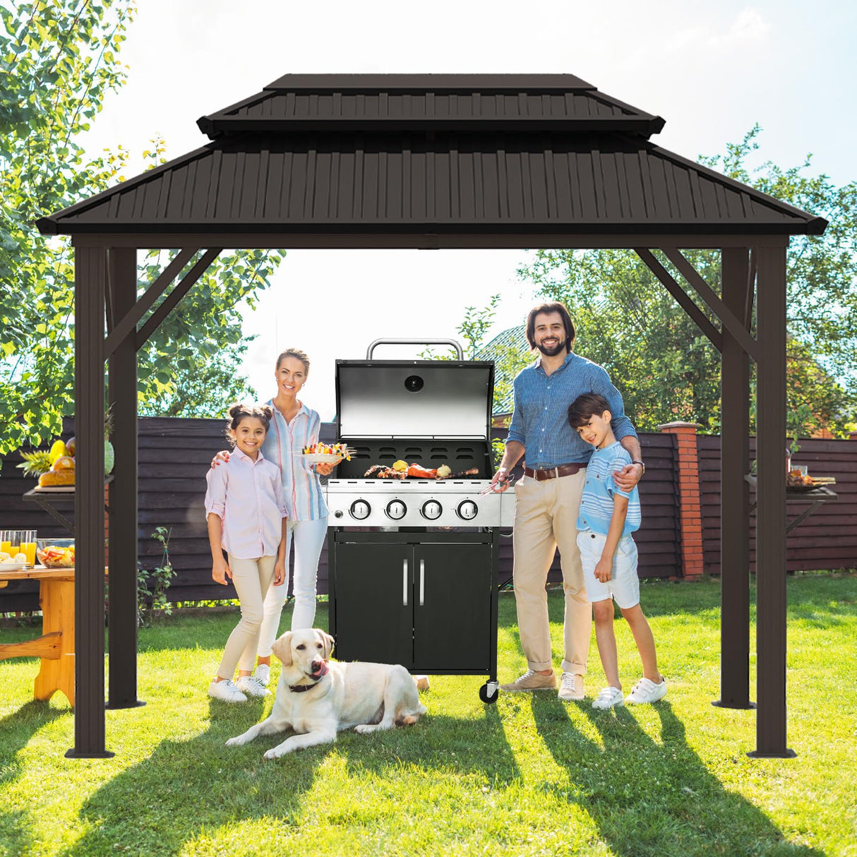 EROMMY 6' x 10' Hardtop Grill Gazebo, Outdoor Metal BBQ Gazebo with Double Galvanized Steel Roof, Permanent Grill Canopy with Side Shelves and Ceiling Hooks for Patio Deck Lawn Backyard Garden (Brown) EROMMY