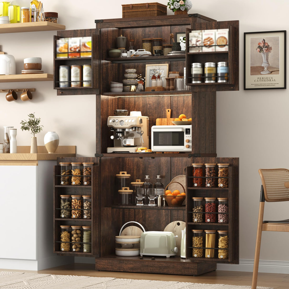 72" Tall Farmhouse Kitchen Pantry Cabinet with LED Light and Power Outlet,Modern Farmhouse Kitchen Storage Cabinet w Load-Bearing Steel Pipe,Barn Doors, Organizer,Food Pantry Cabinets(Rustic Brown) chartustriable