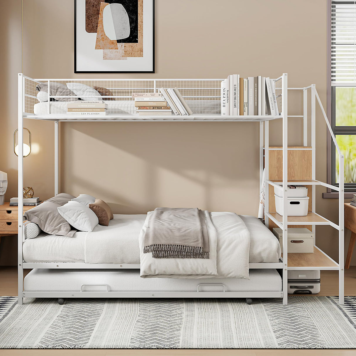 Twin Over Full Metal Bunk Bed with Trundle, Stairs, Wardrobe and Storage Shelves, Modern Style Heavy-Duty Steel Frame Bunk Bed with Safety Rail, for Bedroom, Dorm, White Bellemave