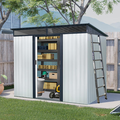 YOPTO 8x6 FT Outdoor Storage Shed,Metal Shed with Floor & Transparent Plate,Garden Shed W/Air Vent & Lockable Sliding Door,All Weather Waterproof Tool House W/Sloped Roof,Black+White