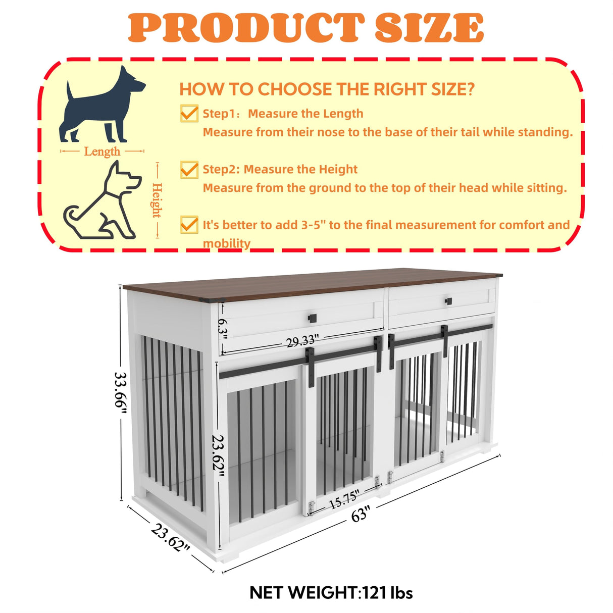 63'' Double Dog Crate Furniture for 2 Dogs, XXL Wooden 2 Dog Kennel, Wooden Dog Kennel with 2 Drawers,Divider and Sliding Door, Indoor Furniture Style Dog Crate End Table, White QueZeiah