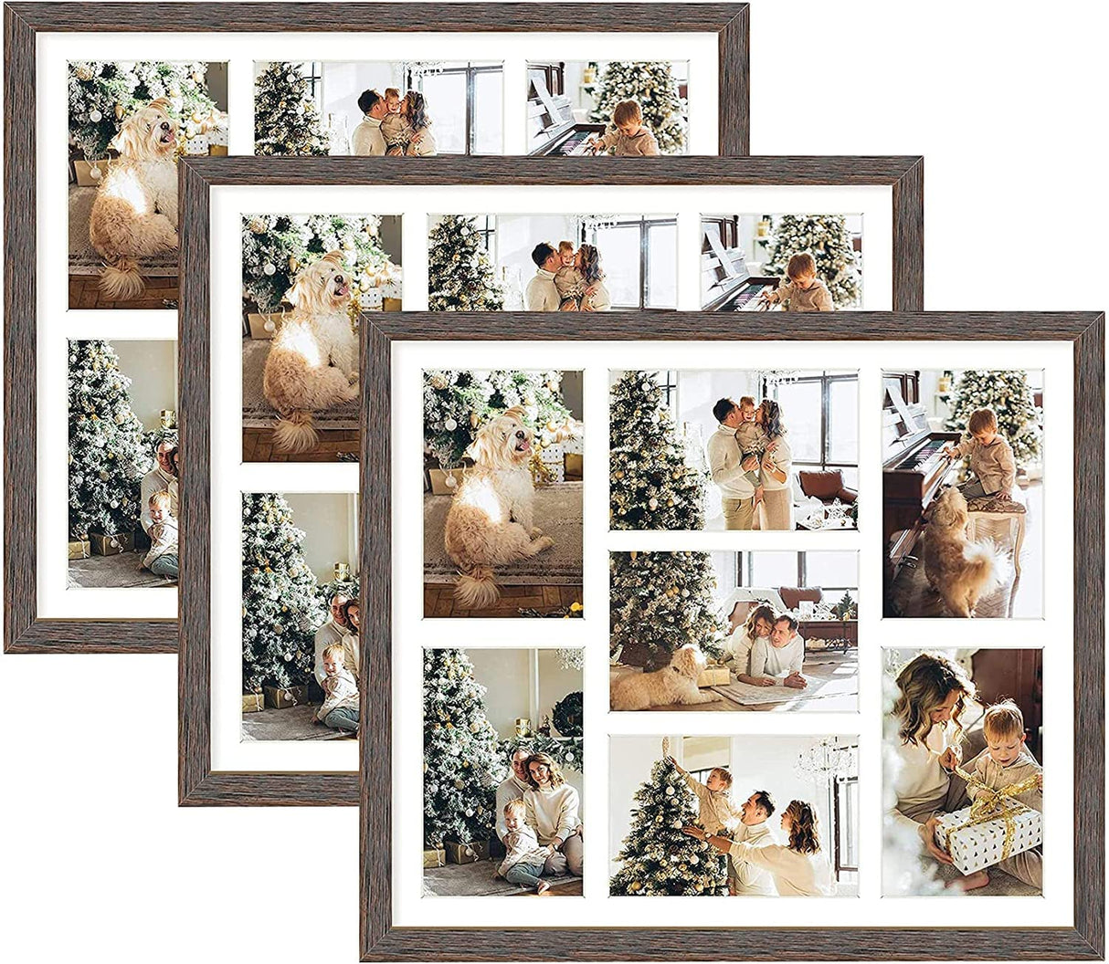 Golden State Art, Set of 3, 13.7x15.7 Distressed Brown Wood Collage Frame - White Mat - Displays Seven 4x6 Photos - Real Glass, Sawtooth Hanger, Swivel Tabs - Wall Mounting, Landscape, Portrait Golden State Art