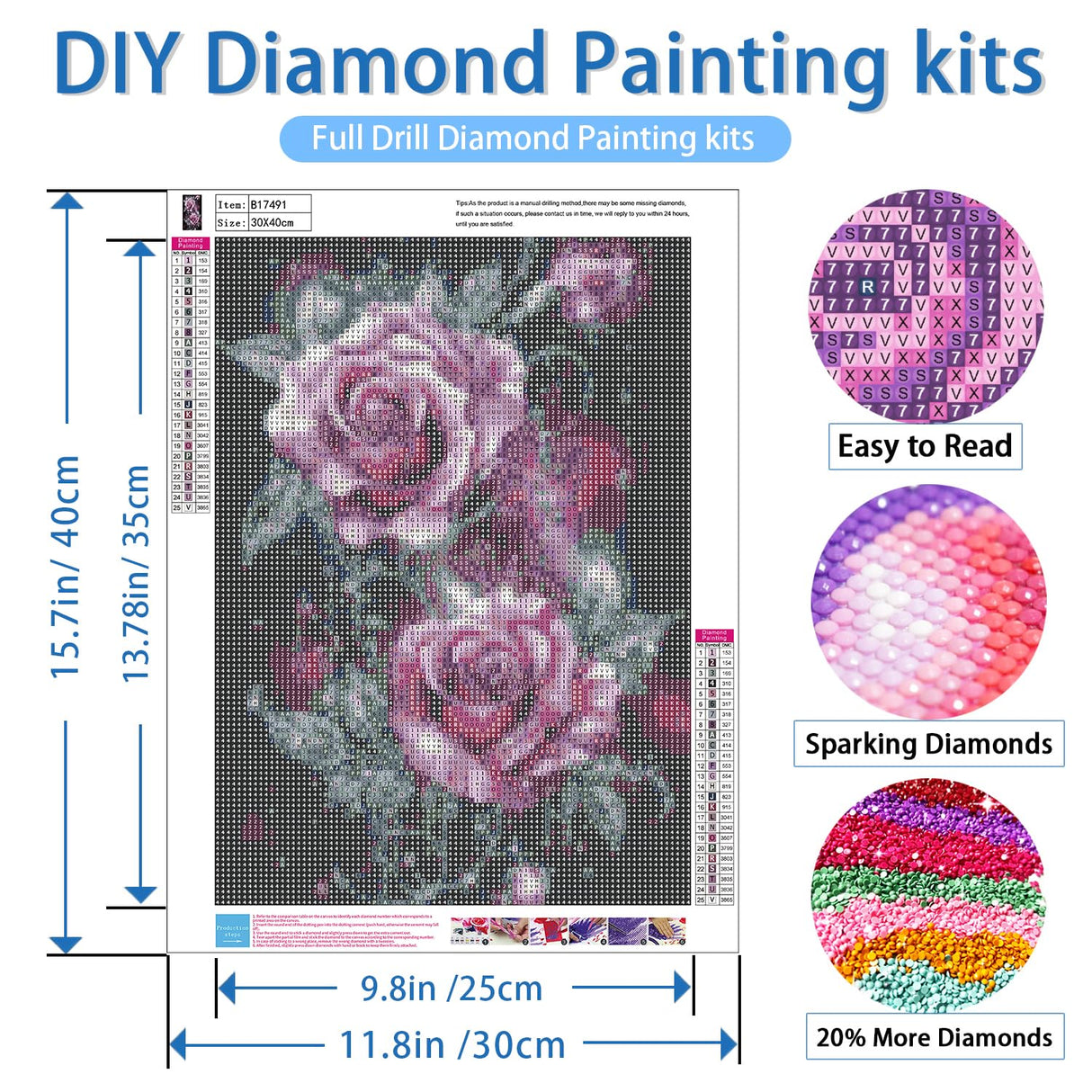 NWQZBYHT Rose Diamond Art Kits for Adults,Flowers 5D Diamond Painting Kits for Beginner,DIY Round Full Drill Diamond Dots Gem Painting for Adults, Paint by Diamonds Crafts Home Decor 12x16 Inch NWQZBYHT