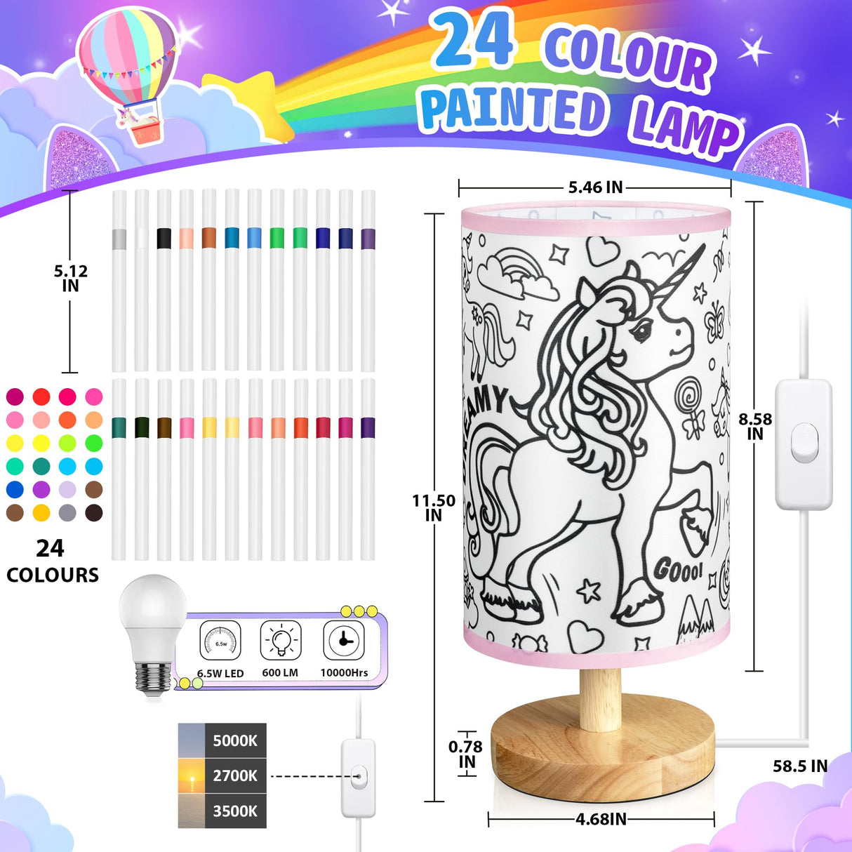 JIGQGY Unicorn Lamp DIY Kit for Kids – Paint Your Own Night Light with 24 Markers, Arts & Crafts for Girls Ages 4-12, Creative Birthday Gifts for Girls Boys, Art Supplies Toys Ages 6 7 8 9 10 11 12 JIGQGY