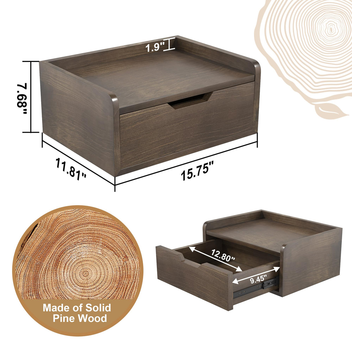 Floating Nightstand, Bedside Shelf Wall Mounted, Small Modern Floating Shelf Nightstand with Drawer, Floating Bedside Table Wall Shelf for Bedroom, Bathroom (Pine Wood) MVPSONAG