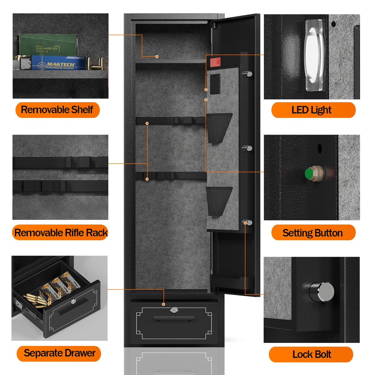 SAPITAL 6 Gun Safe,Gun Safes for Home Rifle and Pistols,Gun Cabinet,Rifle Safe,Gun Cabinet for Rifles and Shotguns,Gun Safes & Cabinets with Drawer and Removable Shelf (6 Gun Safe - Digital) SAPITAL