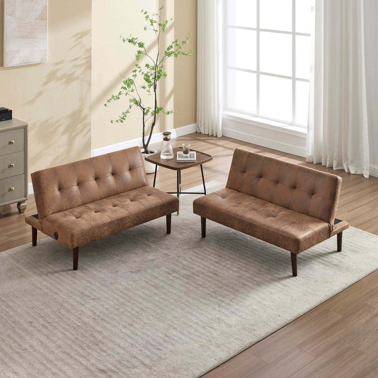 Convertible Futon Sofa Bed, Faux Leather Futon Couch with Adjustable Backrest and Usb Port, Modern Folding Couch For Small Spaces Living Room Sleeper Bed for Living Room,Bedroom,Office (Coffee) Klwenas Maec