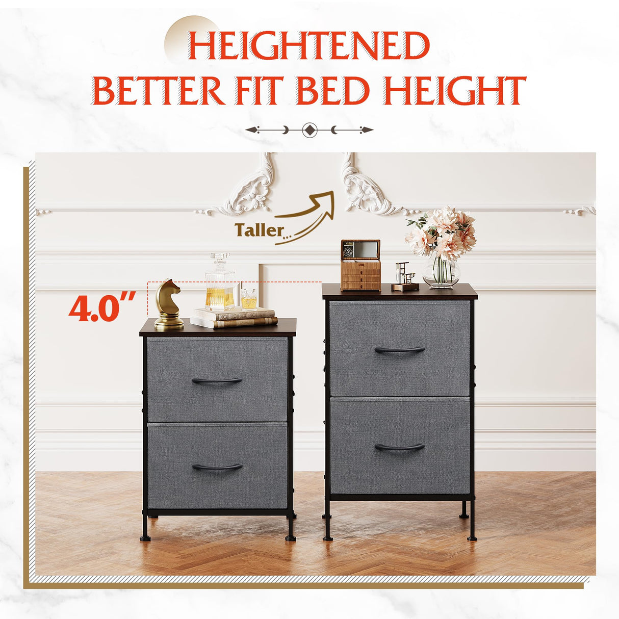 WLIVE Night Stand Set 2, Dresser and Nightstand Sets, Small Dresser for Bedroom with 2 Drawers, End Table with Fabric Bins for Closet, Bedside Furniture, College Dorm, Dark Grey WLIVE