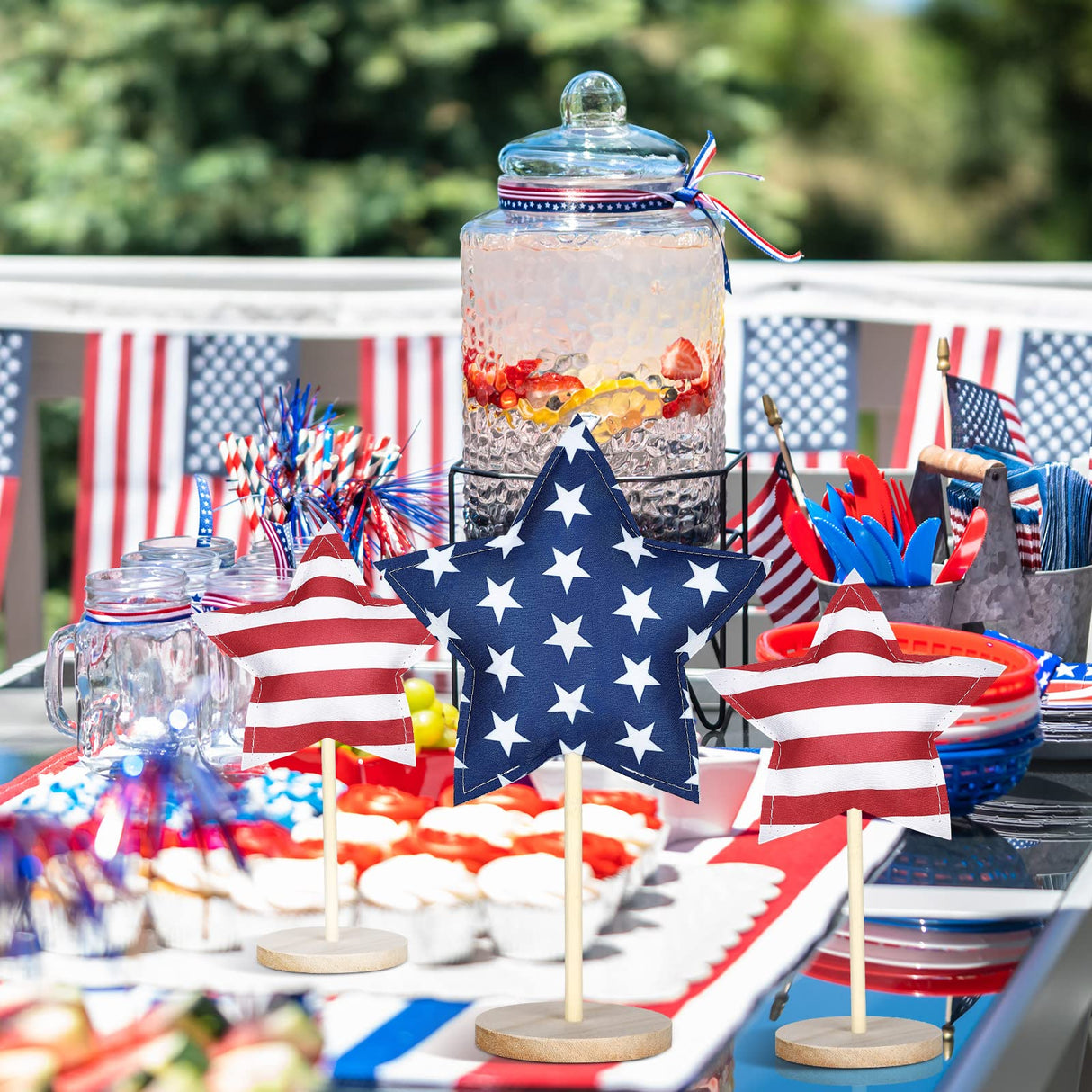 Bucherry 5 Set 4th of July Decoration Patriotic Fabric Star Ornaments Independence Day Wood Sign Star Wooden Stand Memorial Labor Day Tiered Tray Decor American Table Decor(Classic Style) Bucherry