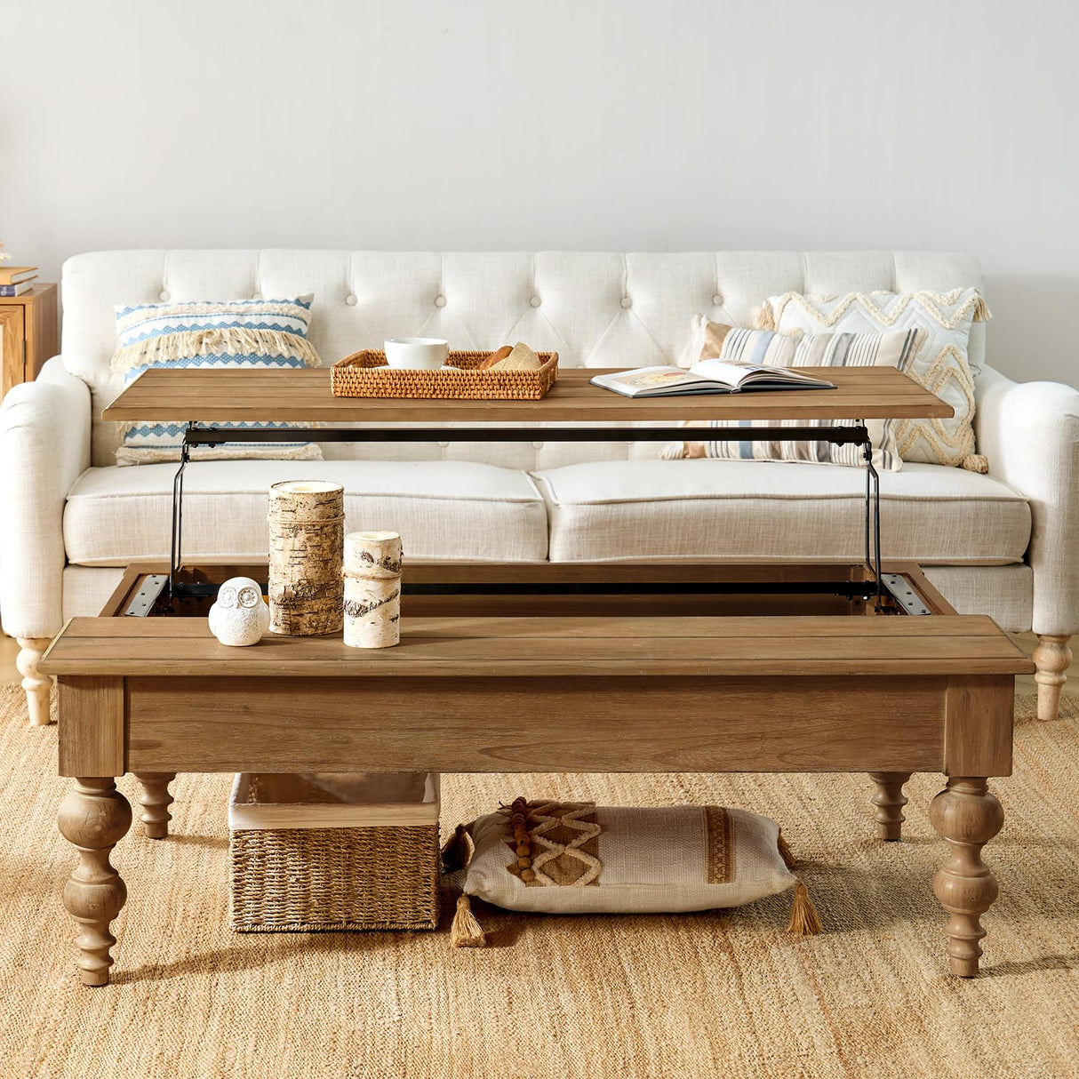 HULALA HOME Wood Lift Top Coffee Table with Storage, Farmhouse Convertible Dining Table for Living Room, Large Rectangle Rustic Central Table with Hidden Compartment, Acorn HULALA HOME