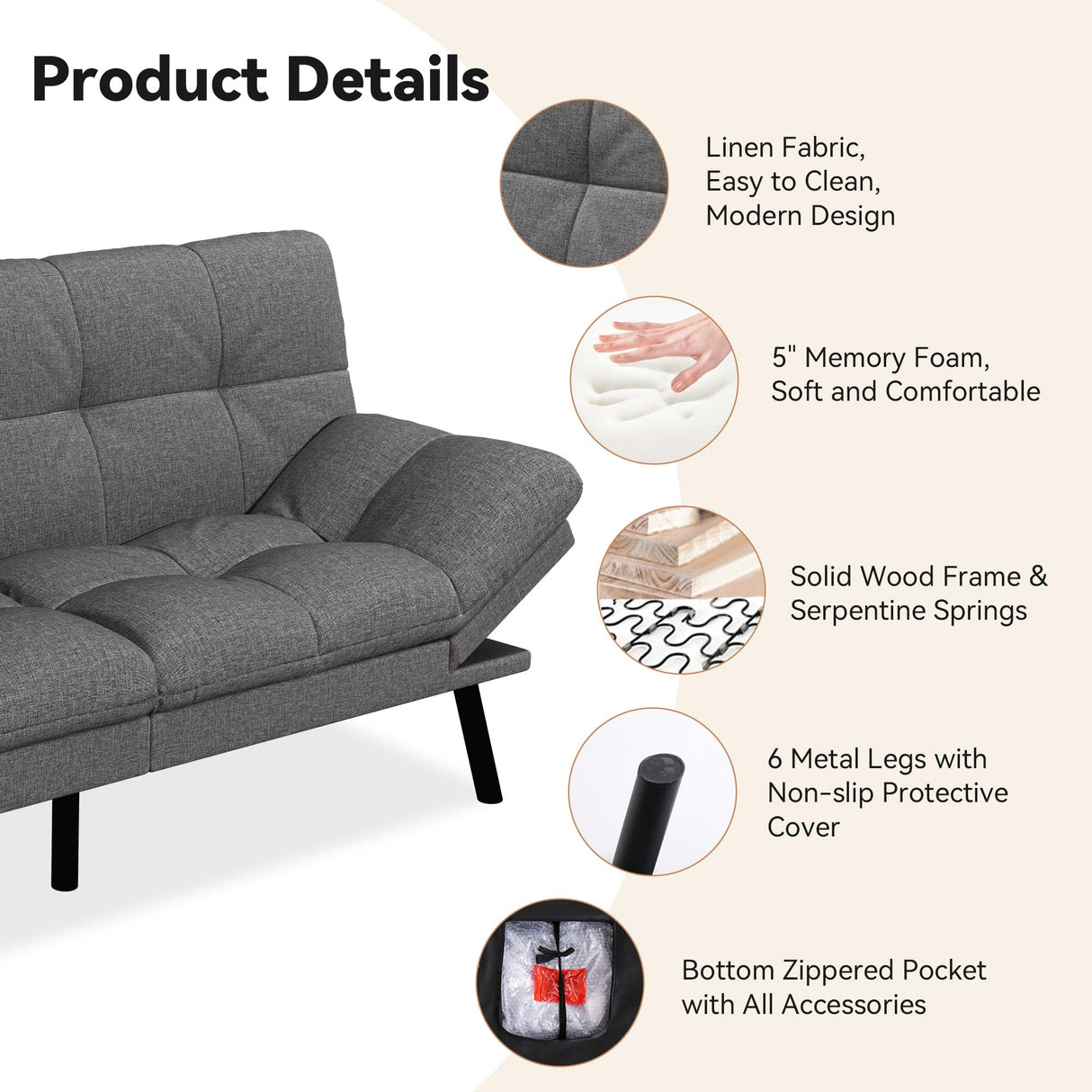AMICLIBER Convertible Futon Sofa Bed,71" Memory Foam Futon Couch,Detachable Cushion,Adjustable Backrest & Armrest,Linen Modern Loveseat Sleeper Recliner for Living Room,Office,Apartment,Medium Grey AMICLIBER