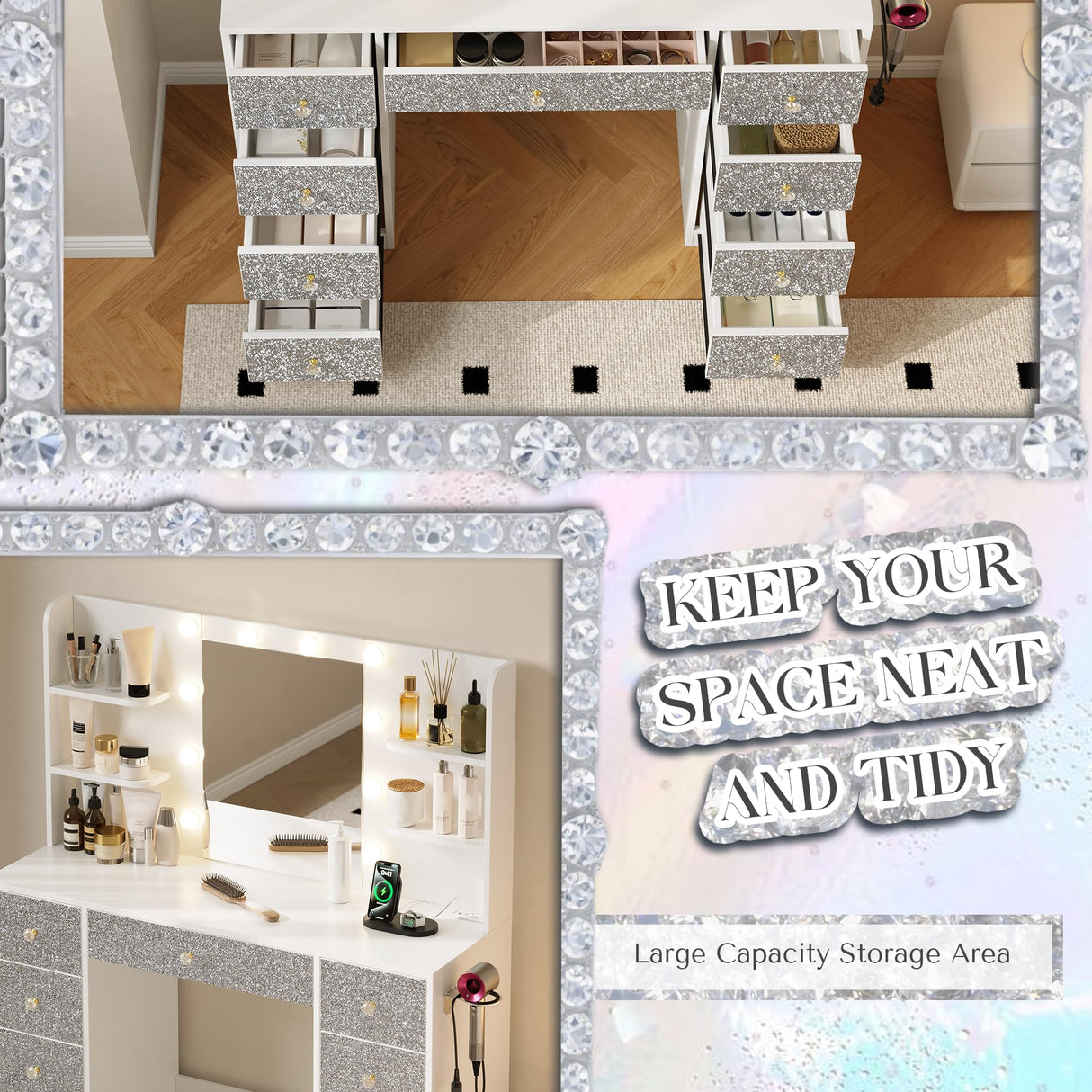 Vanity Desk with Mirror and Lights, Diamond Edition Vanity Desk with 9 Drawers and 6 Storage Shelves Dressing Table, Vanity Desks with Power Outlet and 3 Color Modes 10 LED Bulb for Girls Bedroom Dowinx