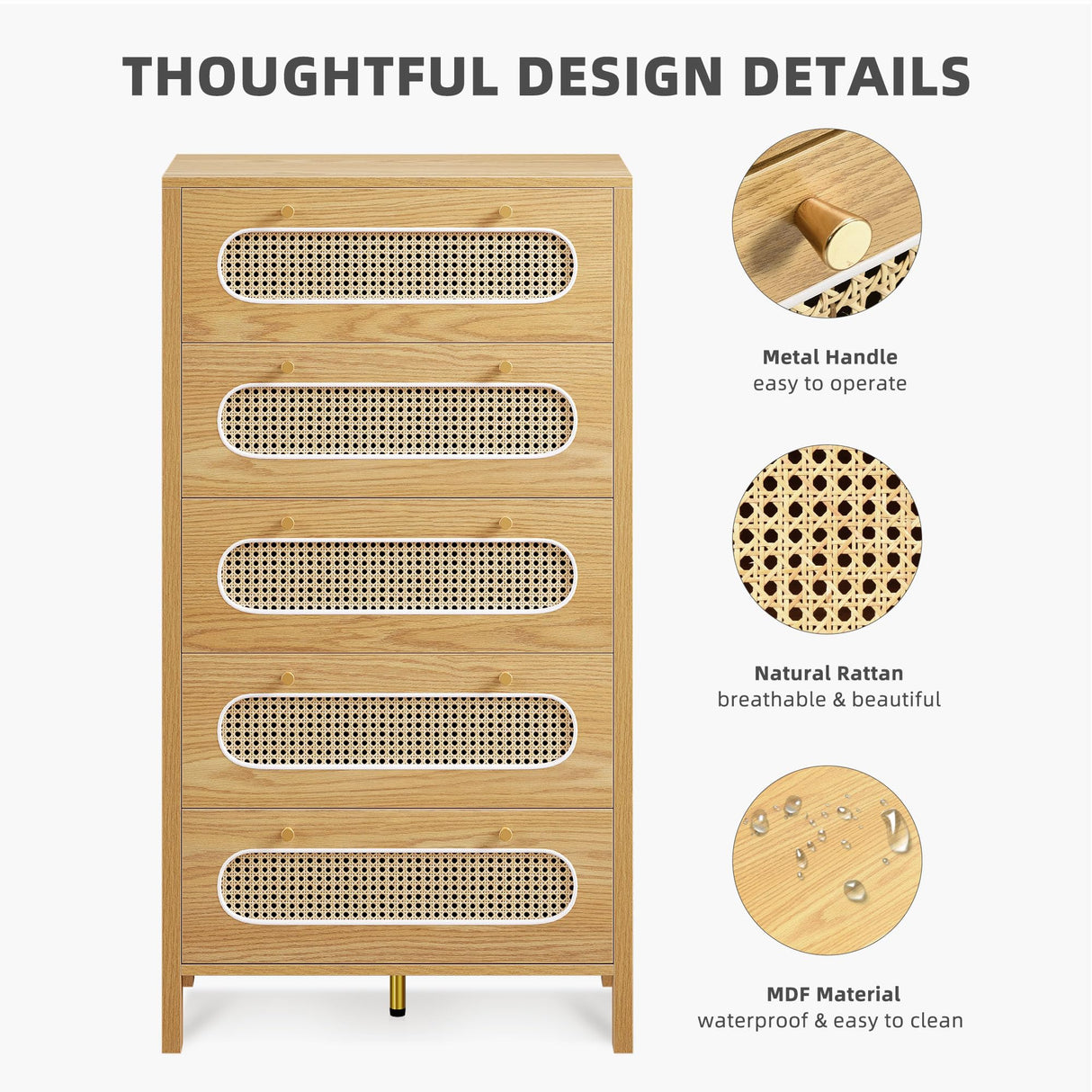 DWVO 47" Tall Natural Rattan 5 Drawer Dresser, Boho Dresser Chest of Drawers with Golden Handles, Wood Dresser Storage Cabinet for Hallway, Entryway, Hold up to 300lbs, Oak DWVO