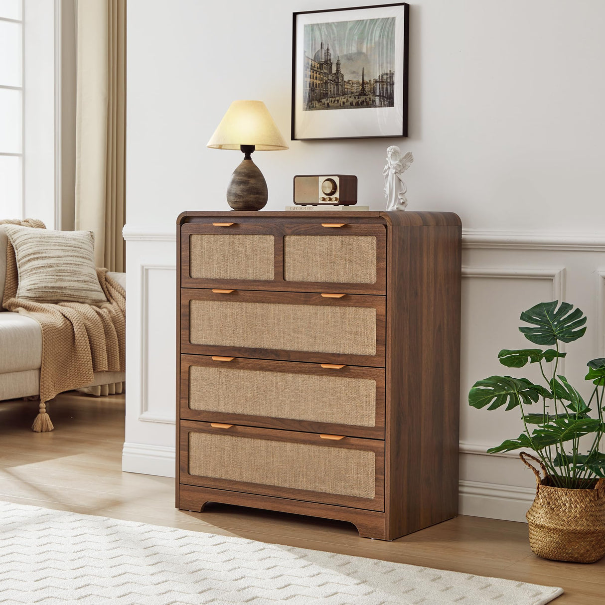 RUSTYER Mid Century Modern Dresser for Bedroom with 4 Drawers, 35" Tall Chest of Drawers with Natural Linen, Curved Wood Dresser Closet Clothes Storage Organizer for Living Room, Hallway((Walnut) RUSTYER