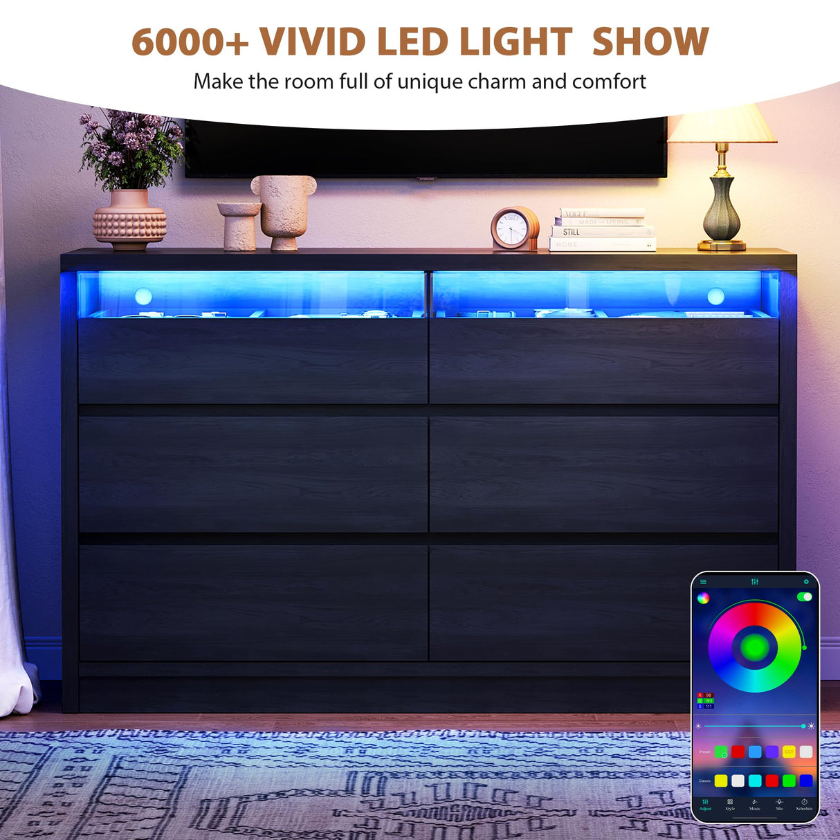 Jocoevol Large 6 Drawer Dresser for Bedroom with LED Light, Modern Chest of Drawers with Hidden Handles, Long Double Wooden Dresser Closet for Living Room, Entryway, Hallway - Black Jocoevol