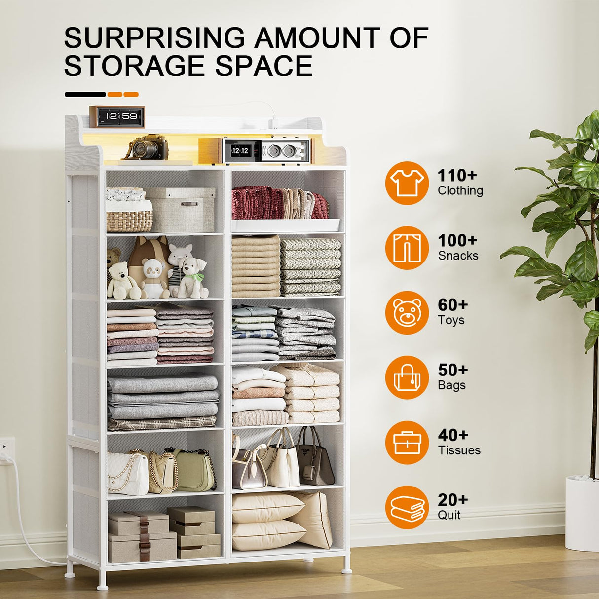 REAHOME Dresser for Bedroom with Charging Station and LED Lights, 12 Drawers Dresser TV Stand with Wooden Top, Tall Fabric Chest of Drawer with Sturdy Frame for Closet, Living Room, Hallway, White REAHOME