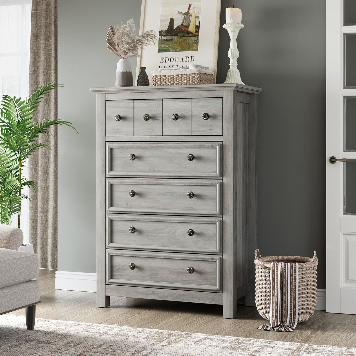 LGHM Farmhouse 6 Drawers Dresser Chest, 45" Tall Dressers for Bedroom, Dressers & Chests of Drawers - Easy Pulls Metal Handles, Thick Support Legs for Bedroom,Livingroom, Closet, Gray LGHM