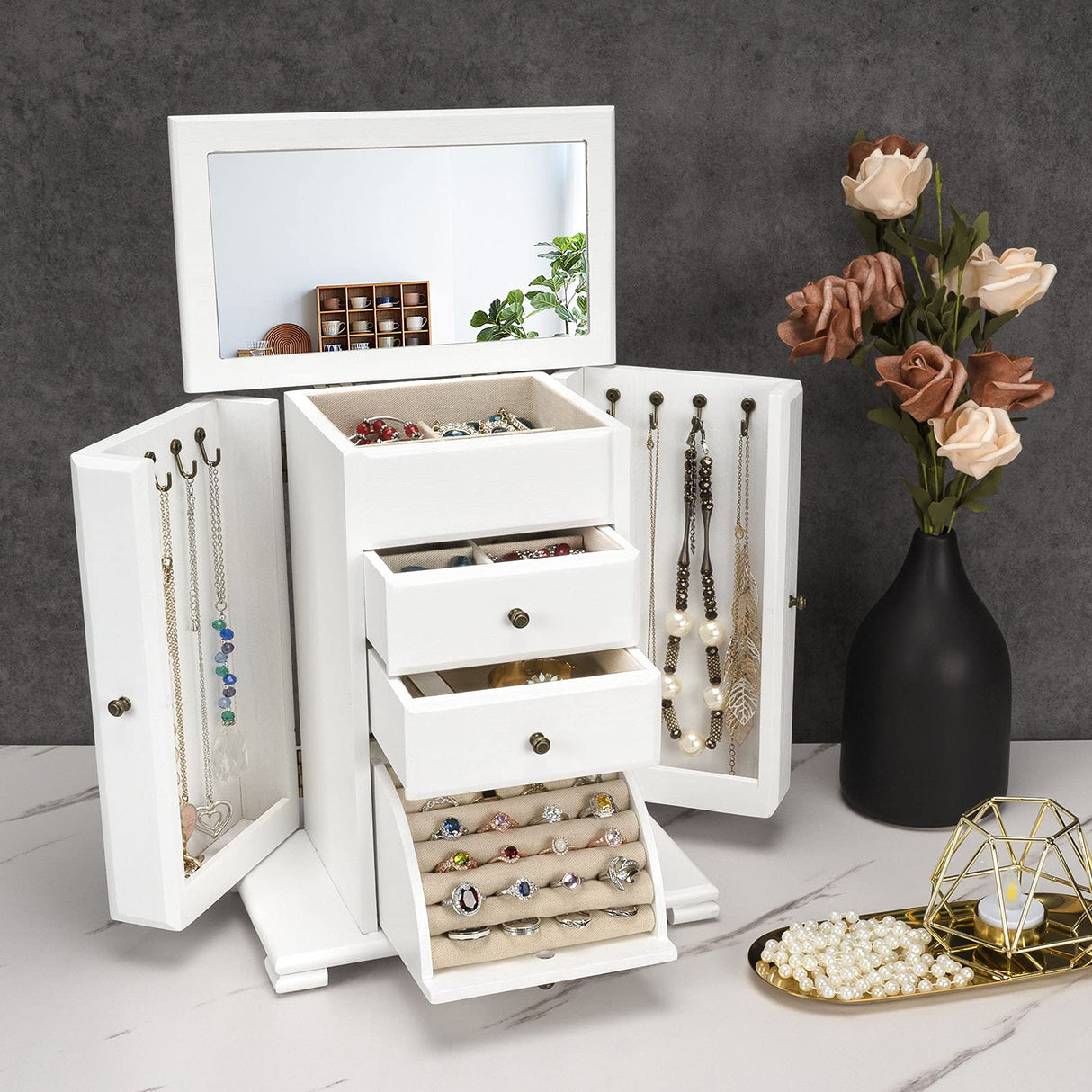 Emfogo Jewelry Box for Women, Rustic Wooden Jewelry Boxes & Organizers with Mirror, 4 Layer Jewelry Organizer Box Display for Rings Earrings Emfogo