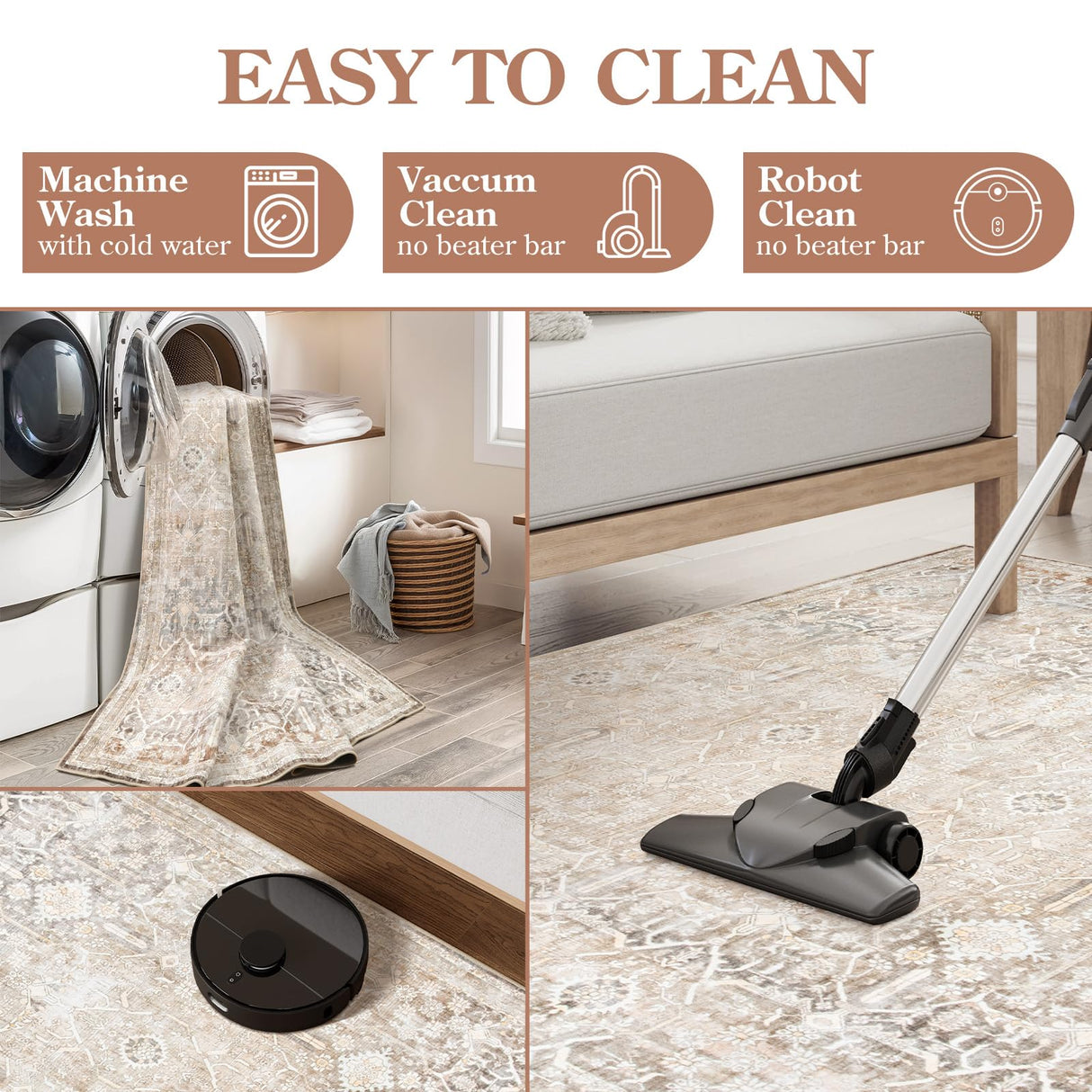 Collive Washable Area Rug 8x10, Neutral Boho Rugs for Living Room Rugs 8x10 Non Slip Farmhouse Modern Bedroom Carpet Stain Resistant Aesthetic Print Accent Floor Mat for Dining Guest Office - Beige Collive