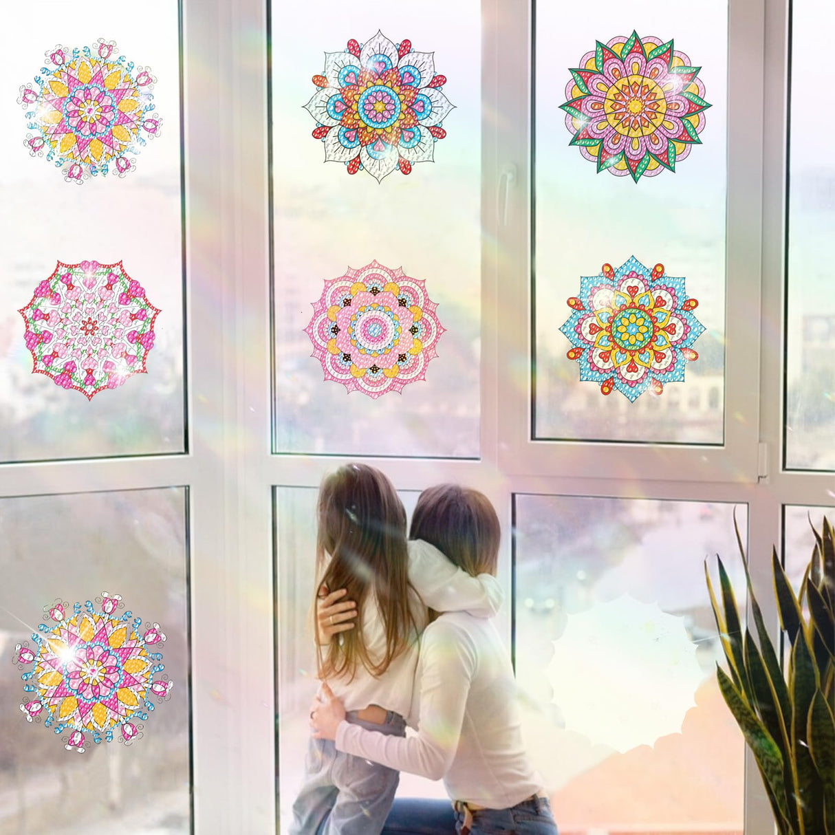 ACSAUMMY DIY Diamond Art Window Clings, 6pc Mandala Suncatchers Reusable Stained Glass Decals 5D Diamond Art Painting Static Window Stickers, Gem Craft Kit for Adults Kids Home/Indoor Decor, Gift ACSAUMMY