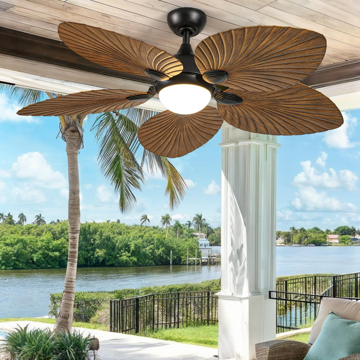 DWVO 52" Tropical Ceiling Fan with Light & Remote, LED Tri-Color Temperature, 5 Blade Ceiling Fans Reversible 6 Speeds w/Quiet DC Motor for Bedroom, Living Room, Dining Room, Patio DWVO