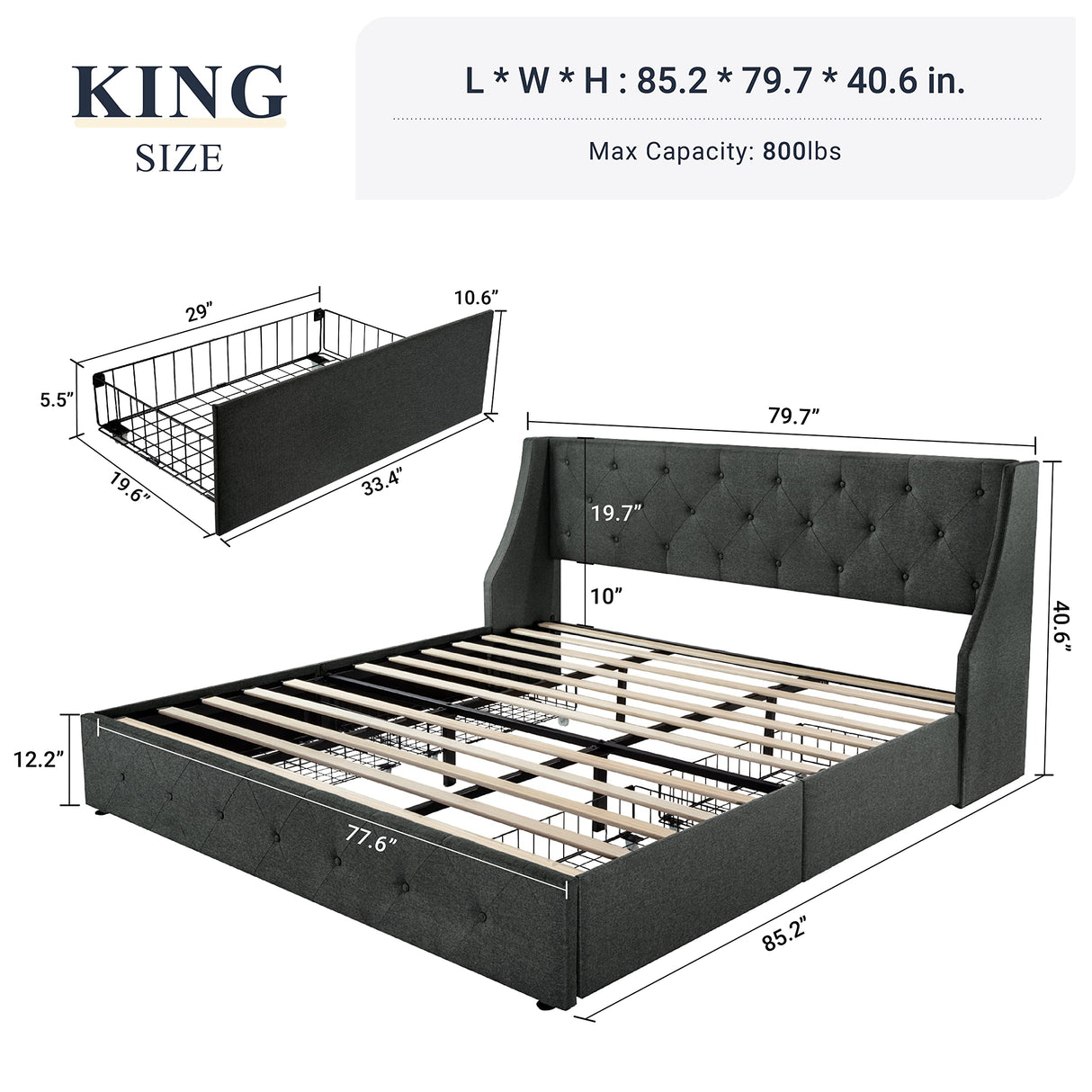 Allewie King Size Bed Frame with 4 Storage Drawers and Wingback Headboard, Button Tufted Design, No Box Spring Needed, Dark Grey Allewie