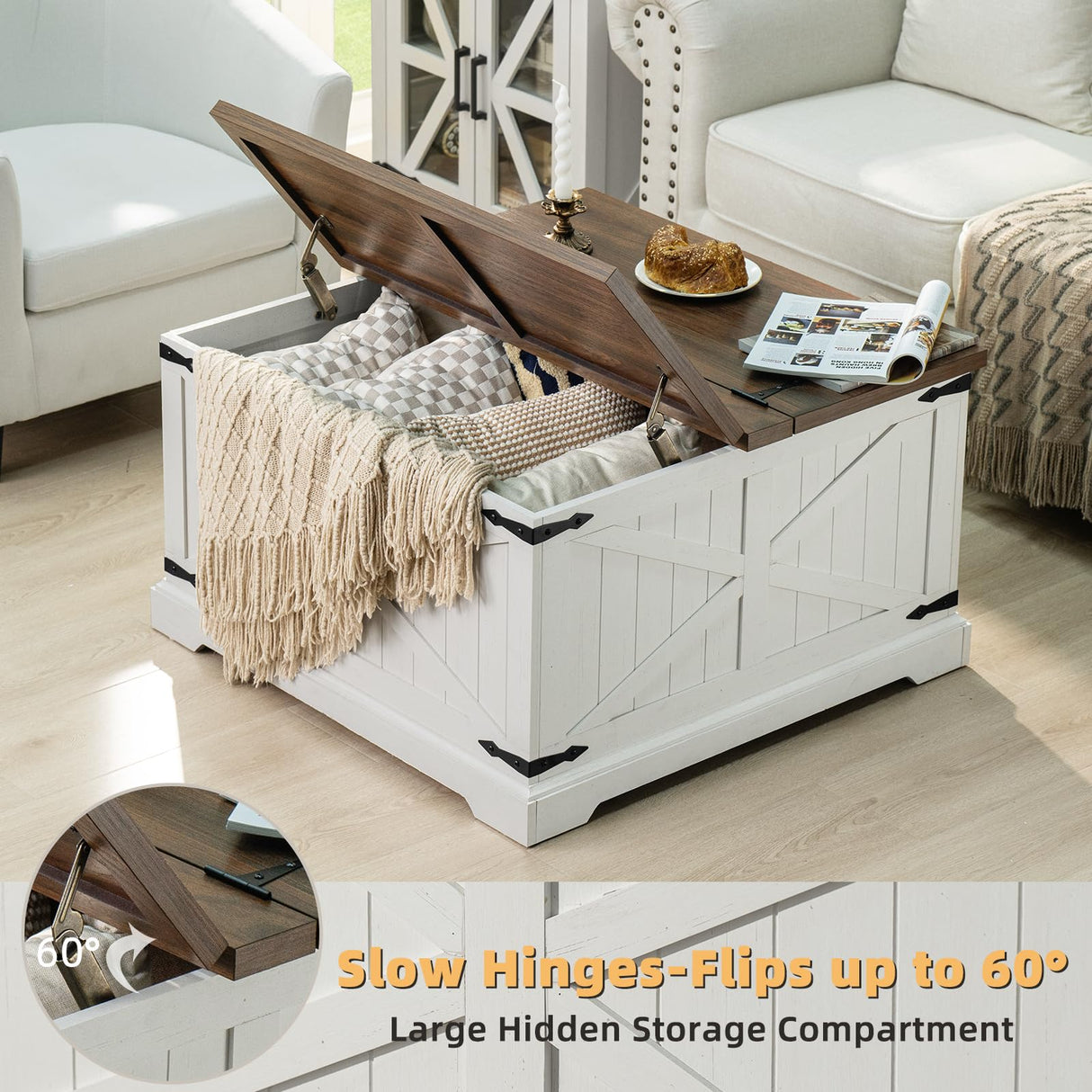 Joaxswe Farmhouse Coffee Table with Large Hidden Storage Compartment, Antique White Square Center Table, Wood Rustic Low Modern Living Room Tables with Hinged Lift Brown Top & Wooden Arc Base Joaxswe
