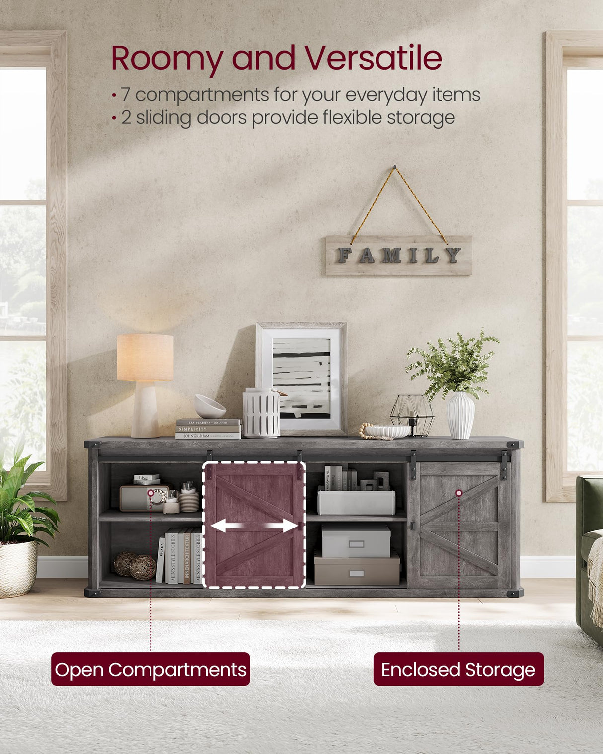 VASAGLE TV Stand for TVs up to 75 Inches, Farmhouse Entertainment Center with Sliding Barn Doors, TV Console Table for Living Room, Misty Gray ULTV325G68 VASAGLE