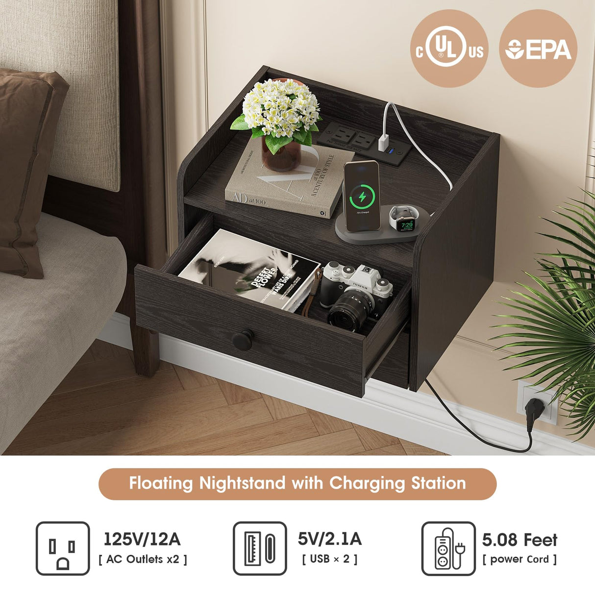 Vabches Floating Nightstand Set of 2 with 2 Storage Drawers and Charging Station Wood Wall Mounted Bedside End Table Modern Night Stands Set 2 for Bedroom,Living Room,Home Office,Small Space,Black Vabches