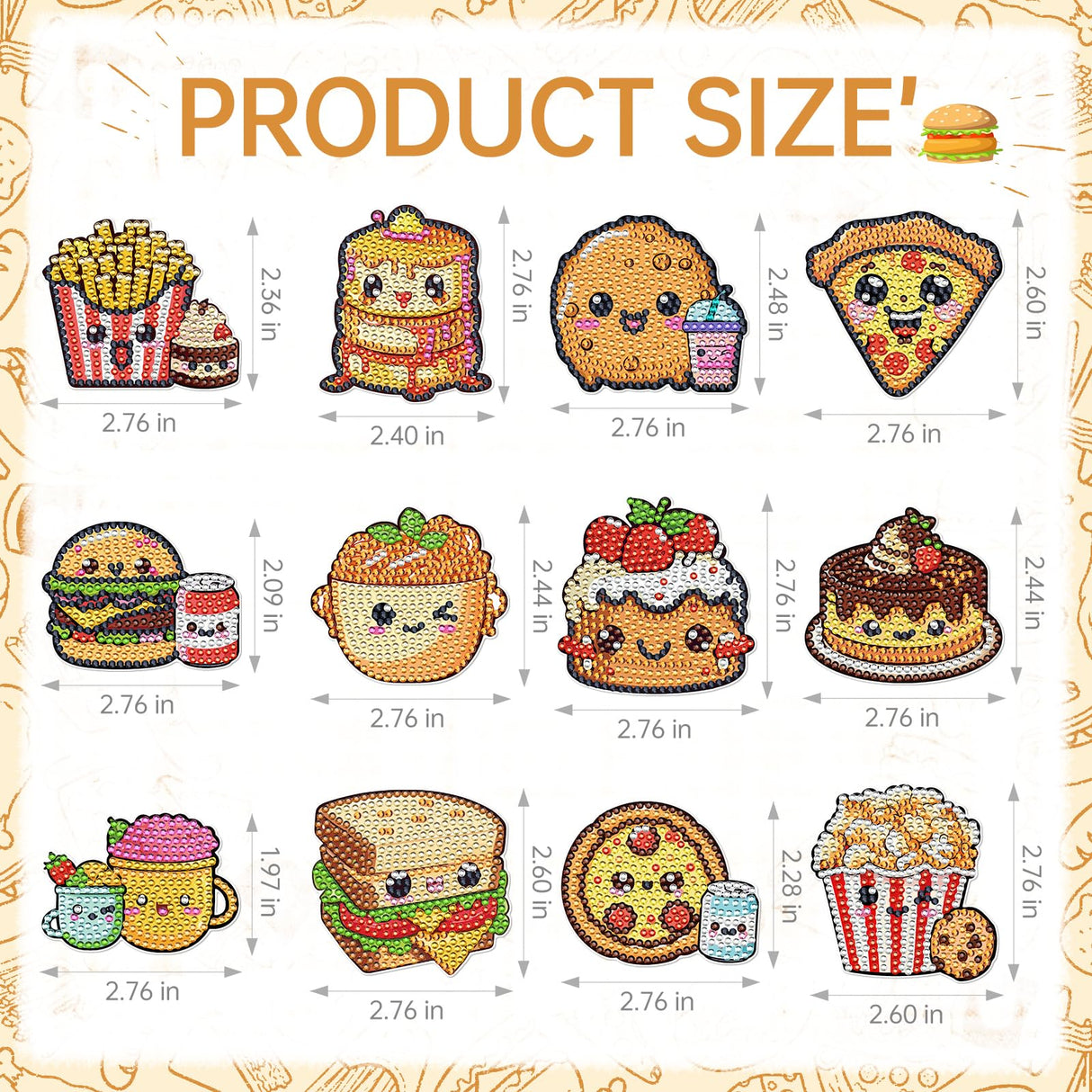 INCOK Refrigerator Diamond Art Magnets - 12 PCS DIY Diamond Painting Fridge Magnets with Cute Hamburg Fries Pizza Popcorn Sandwich Cake Pattern Fast Food Home Decors Birthday Gift for Adults Beginners INCOK