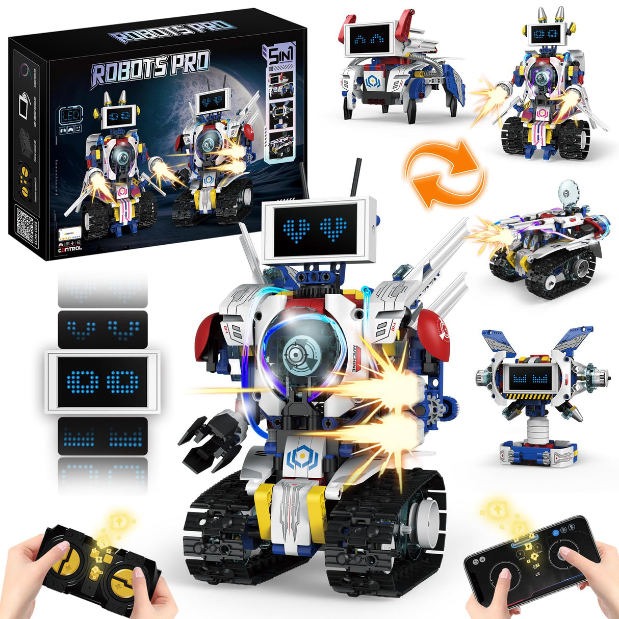 VOPOGLNE 5 in 1 STEM Robot Building Kit, APP & Remote Control Screen Building Toys, Eye Coding Robots Rechargeable, 620Pcs DIY Super Warriors for Kids Learning, Boys Girls Birthday Gifts VOPOGLNE