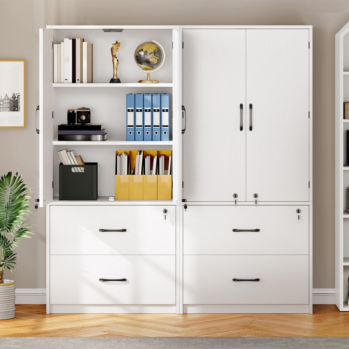 YITAHOME Wood File Cabinets, Heavy Duty Garage Tool Cabinets with Doors & Adjustable Shelves, Big Storage Filing Lockers for Home Office, Living Room, Pantry, Gym, Basement, Warehouse, White YITAHOME