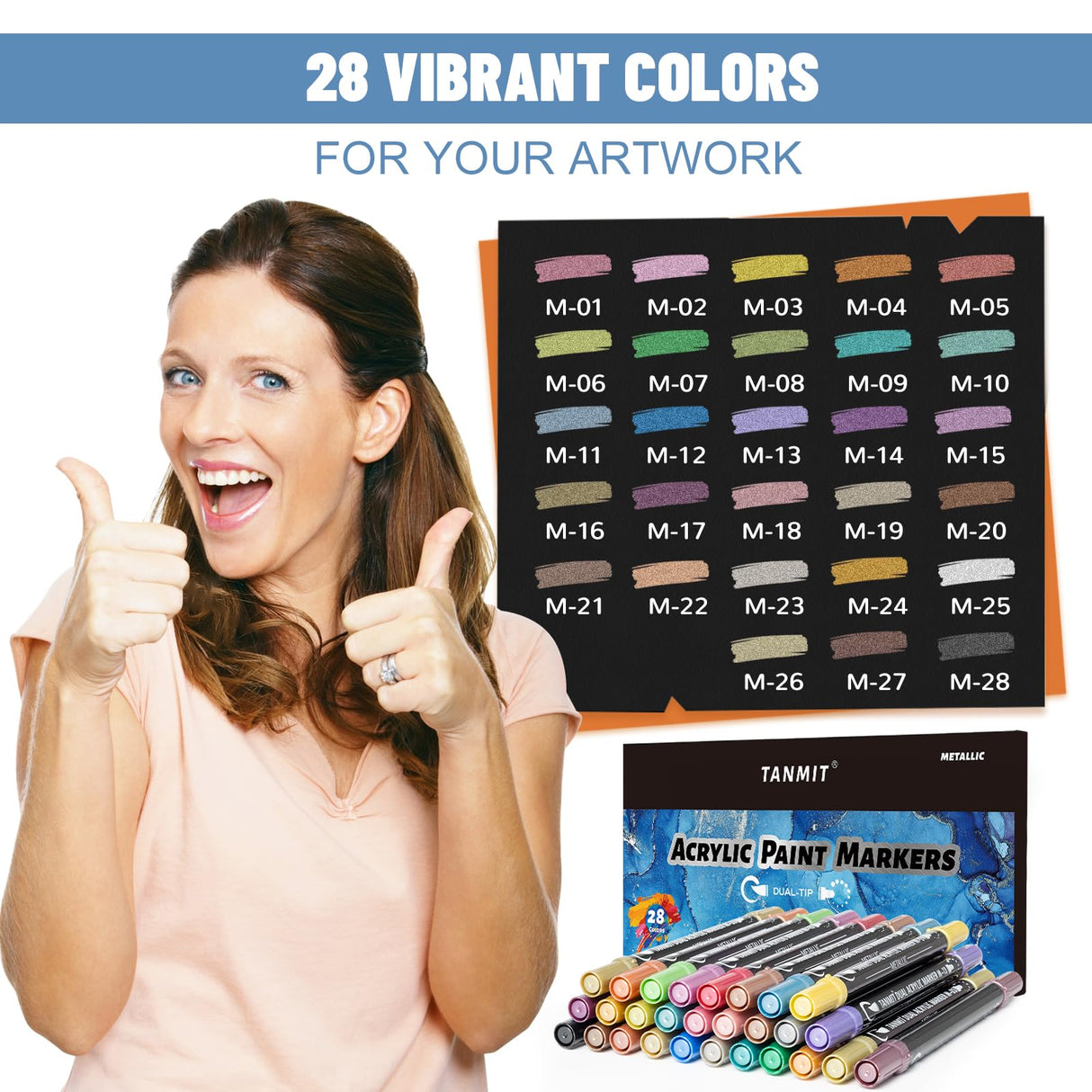 28 Metallic Colors Acrylic Paint Markers, Dual Tip Acrylic Paint Pens for Rock Painting, Black Paper, Wood, Canvas, Stone, Glass, Ceramic, DIY Crafts Making Art Supplies (Brush Tip and Round Tip) TANMIT