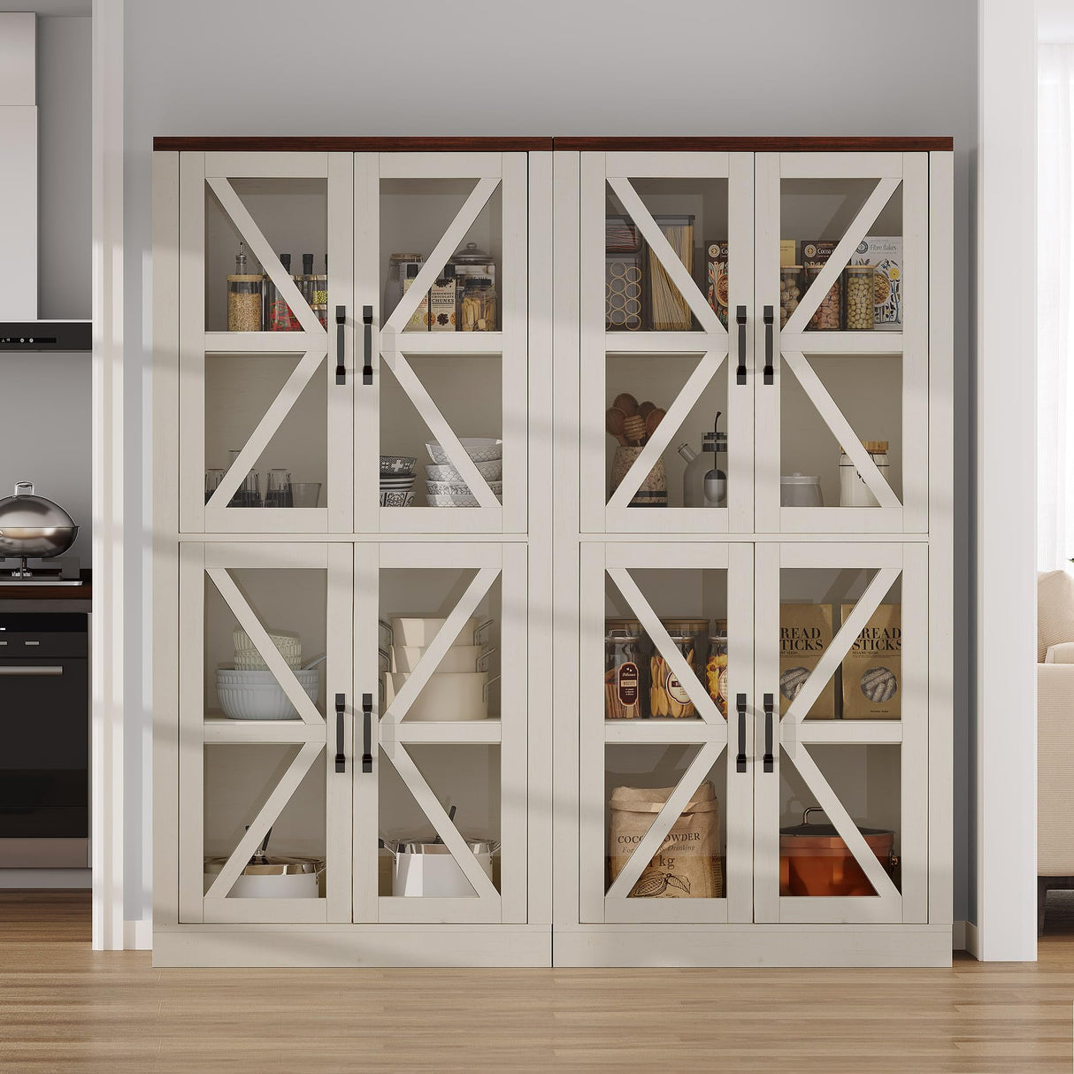 DWVO 66" Kitchen Pantry Storage Cabinet with Glass Doors, 4-Tier Large Wood Storage Cabinet, Tall Freestanding Hutch for Living Room,Dinning Room and Kitchen, White DWVO