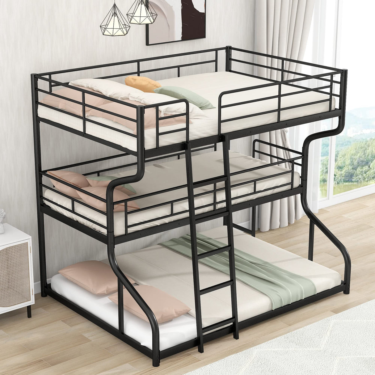 Brisca Full XL Over Twin XL Over Queen Size Triple Bunk Bed with Long and Short Ladder,Metal Bed Frame W/Safety Guardrail,for Apartment,Bedroom,Guest Room,Black Brisca