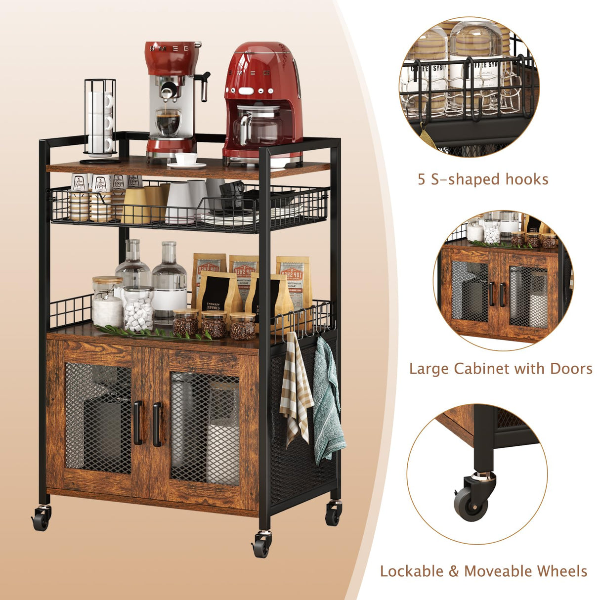 Hencawima Coffee Bar Cabinet, 3 Tier Coffee Station Table on Wheels, 35.9" H Bar Cart with Wire Basket Drawer & 5 Hooks for Home Kitchen, Liquor Buffet Sideboard Cabinet (Rustic Brown) Hencawima