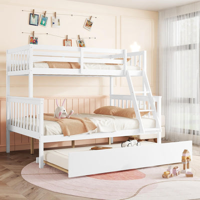 WIILAYOK Twin Over Full Bunk Bed with Trundle, Convertible to 2 Platform Bed, Twin and Full Size Bunk Bed with Ladder and Safety Rails for Kids, Teens, Adults, White
