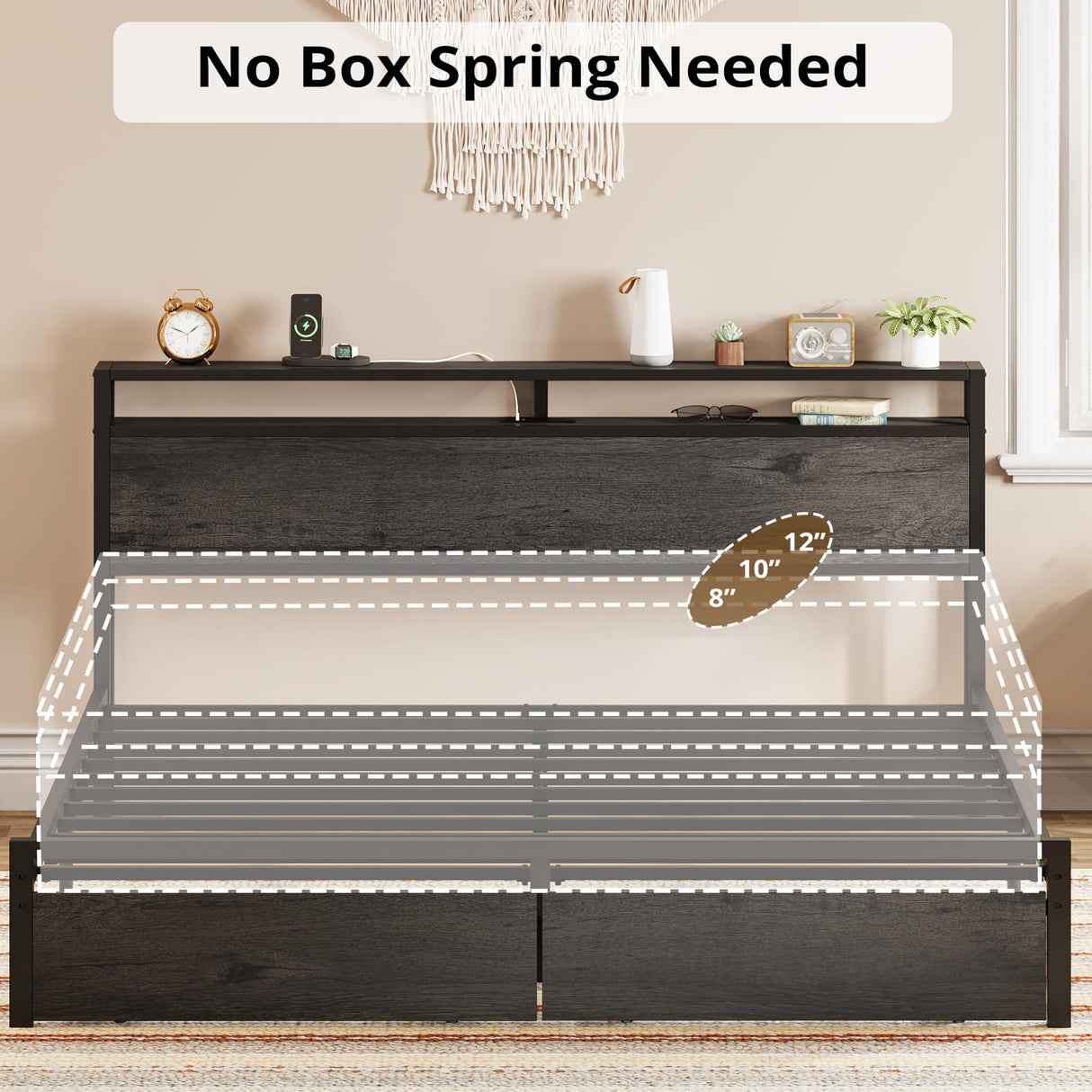 LIKIMIO King Bed Frame with Storage Headboard, Platform Bed with Drawers and Charging Station, No Box Spring Needed, Easy Assembly, Charcoal Grey LIKIMIO