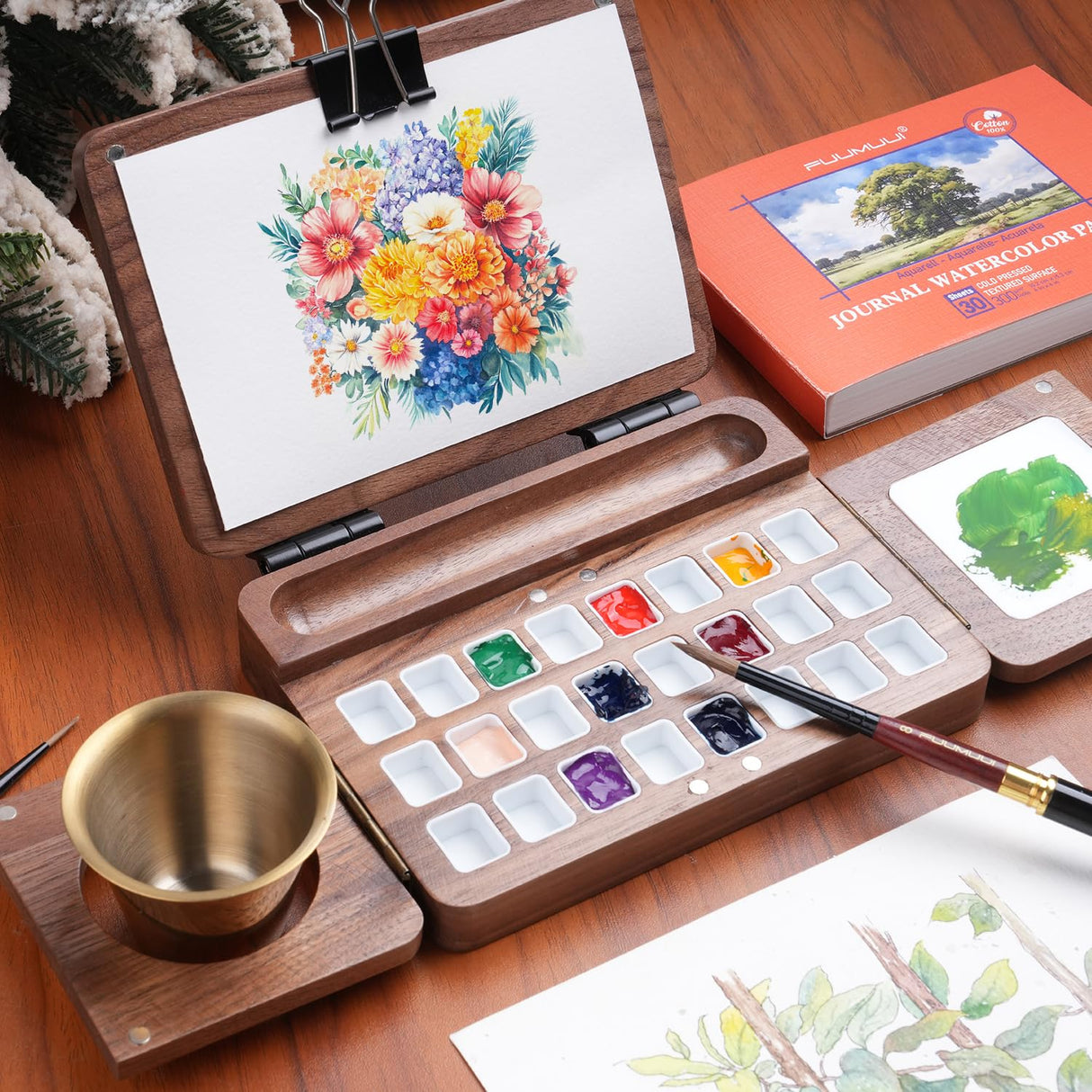 Fuumuui Travel Watercolor Palette 24 Grids Foldable with 2pcs Sable Travel Watercolor Brushes, Portable Walnut Wood Palette Box for Plein Air Painting Fuumuui