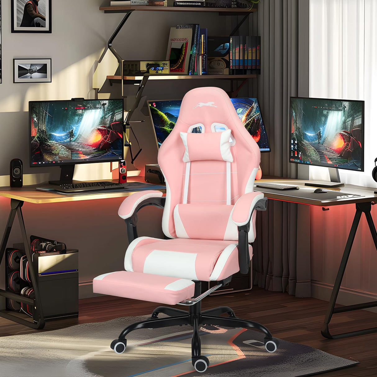 Leopard Gaming Chair with Footrest, Height Adjustable Game Chair with Lumbar Support, Video Gaming Chair for Gaming Room, Living Room and Office - Pink/White Leopard Outdoor Products