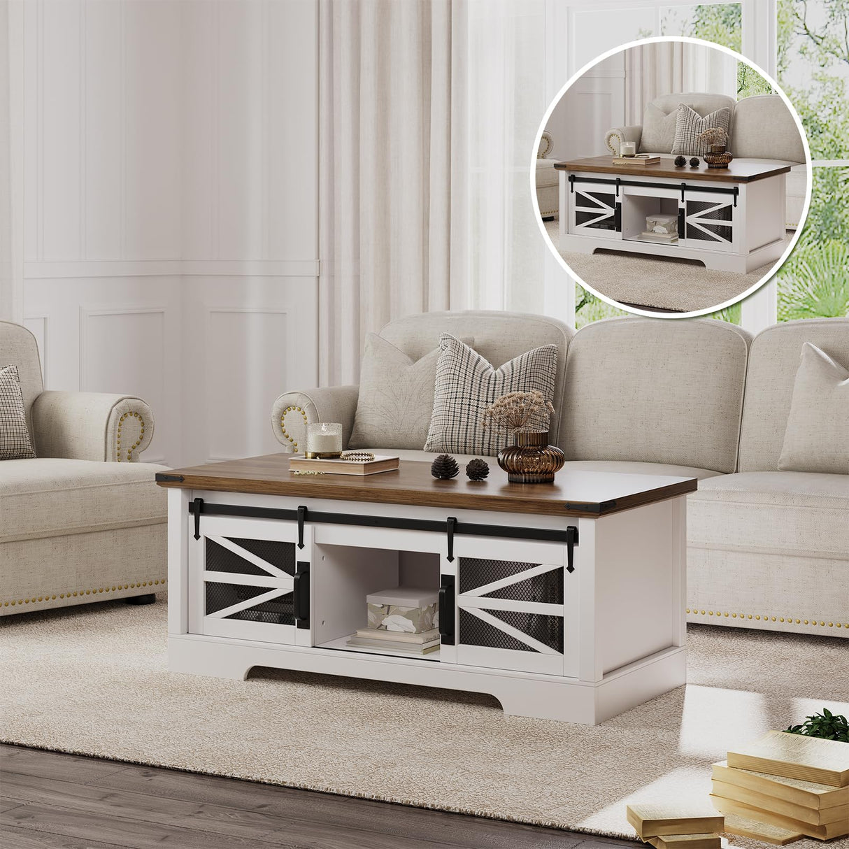 GarveeHome Lift Top Coffee Table, 47.2" Multifunction Coffee Table with Sliding Barn Door, Hidden Storage Compartment, Lifting Table Top and Adjustable Shelf, Farmhouse Rustic Center Dining Table GarveeHome