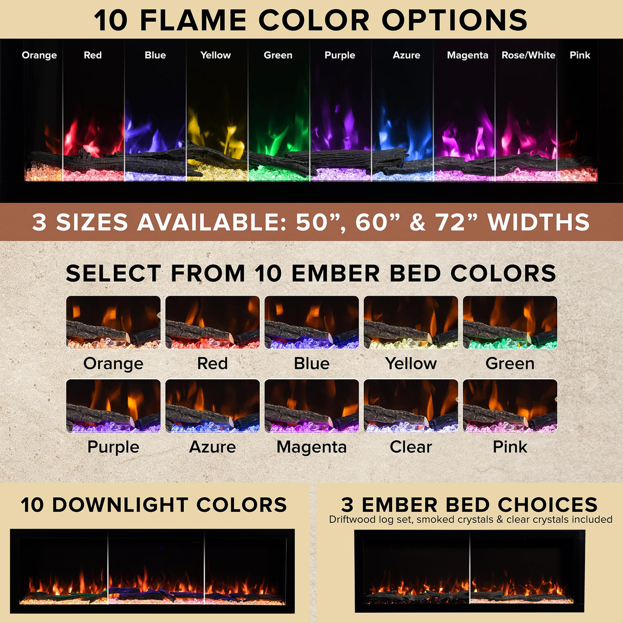 Modern Ember Highmark 60 Inch Smart Linear Electric Fireplace - Premium Flame with 10 Colors, Sleek Hidden Vent Design, Install Recessed in-Wall or Wall-Mount, WiFi and Voice-Enabled Modern Ember