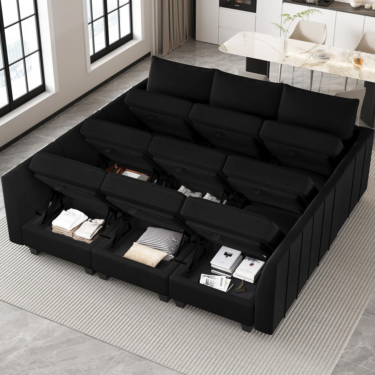 Belffin Large Modular Sectional Sofa Sleeper Sectional Couch with Storage Velvet Sectional Sofa Bed for Living Room, 9 Seats, Black Belffin