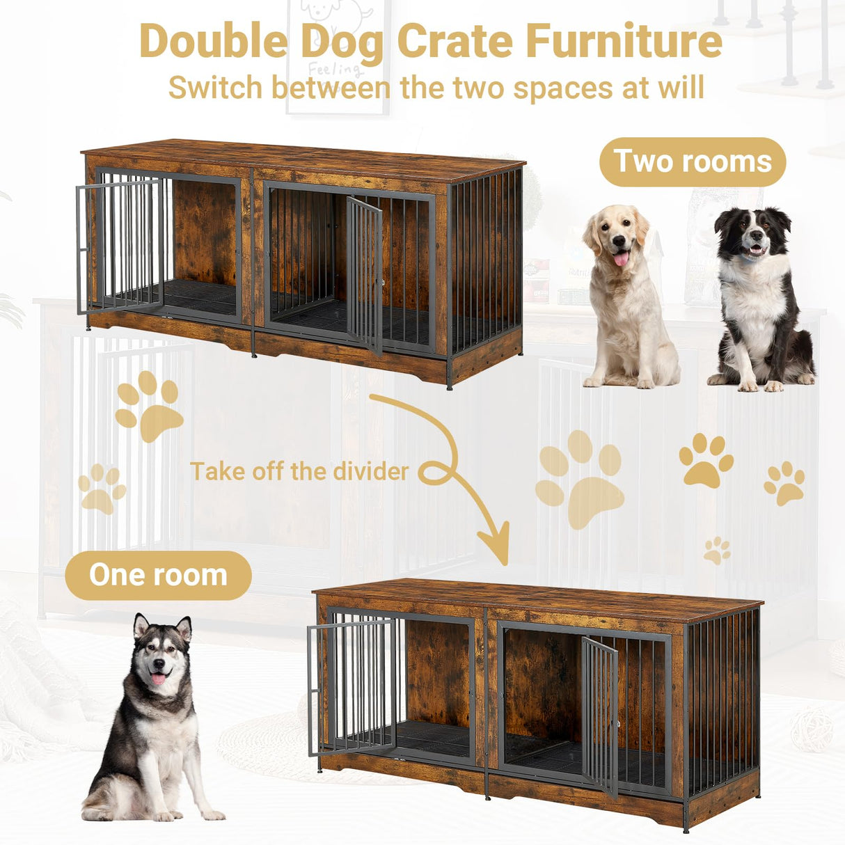 Rovibek 75'' Double Dog Crate Furniture for 2 Large Dogs, Heavy Duty Dog Crate, Furniture Style Dog Crate End Table, Wood Crates for Dogs Kennel Indoor, Decorative Dog Crate with Double Door, Brown Rovibek