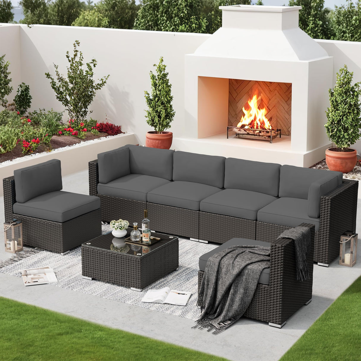 SUNCROWN 7-Piece Outdoor Patio Furniture Sofa Set All-Weather Black Wicker Sectional Conversation Set with Modern Glass Coffee Table and Cushions, Backyard, Garden, Poolside, Grey SUNCROWN