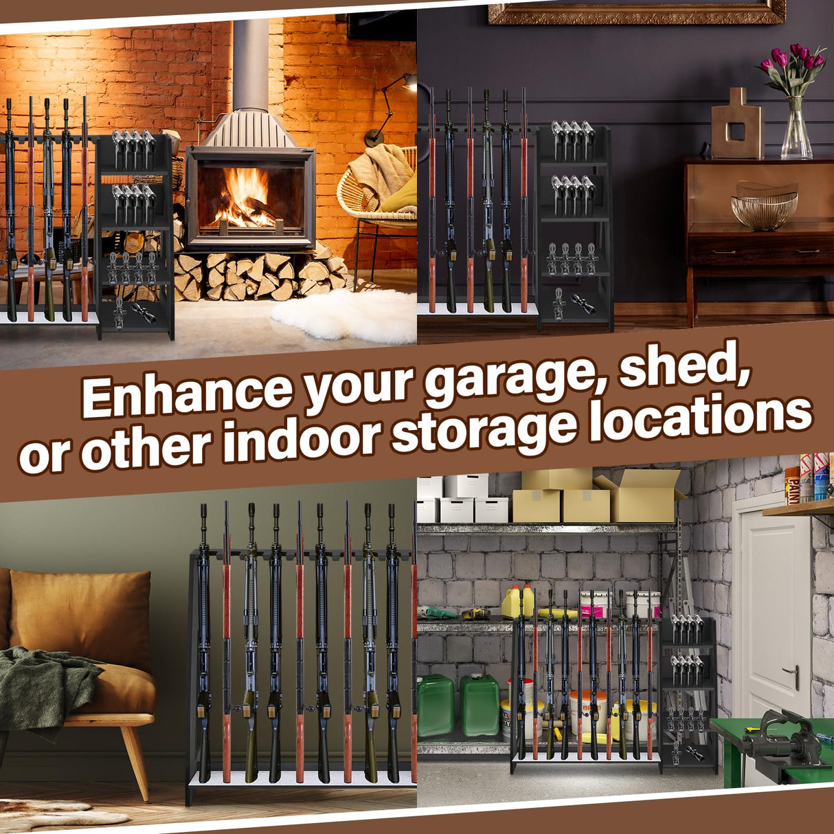 Lineshading Wooden Gun Rack with Holder, Indoor Floor Standing Gun Rack, Gun Display Rack Storage Rack for Home or Garage Gun Storage, Holds 10 Long Guns and 8 Short Guns Lineshading