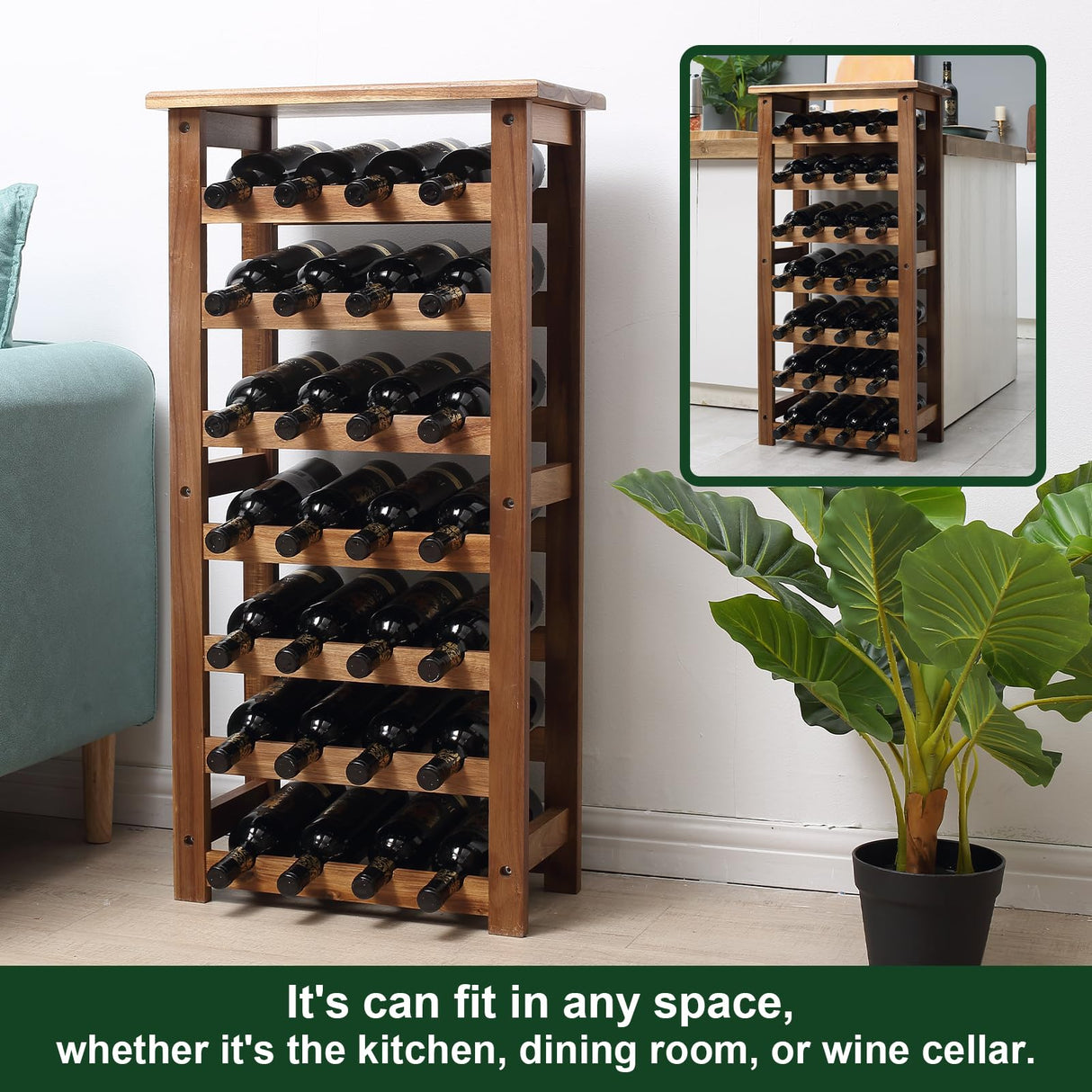 everous Wooden Wine Rack, 7 Tire Floor Wine Storage Rack, 28 Bottles Holder, Freestanding Display Rack for Kitchen, Pantry, Cellar, Natural Free everous