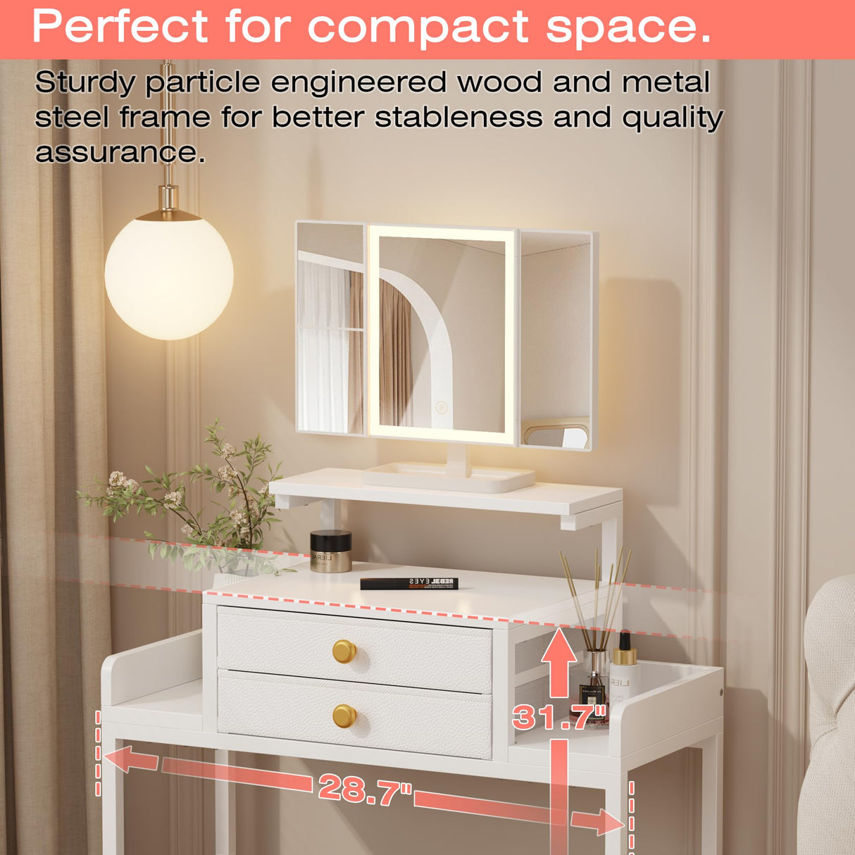 HIGDBFE Vanity Desk with Mirror and Lights, 28.4''W Small Makeup Vanity Table with Height-Adjustable Stand, 2 Fabric Drawers Compact Makeup Desk, Gift for Girls, Bedroom Small Space, White HIGDBFE